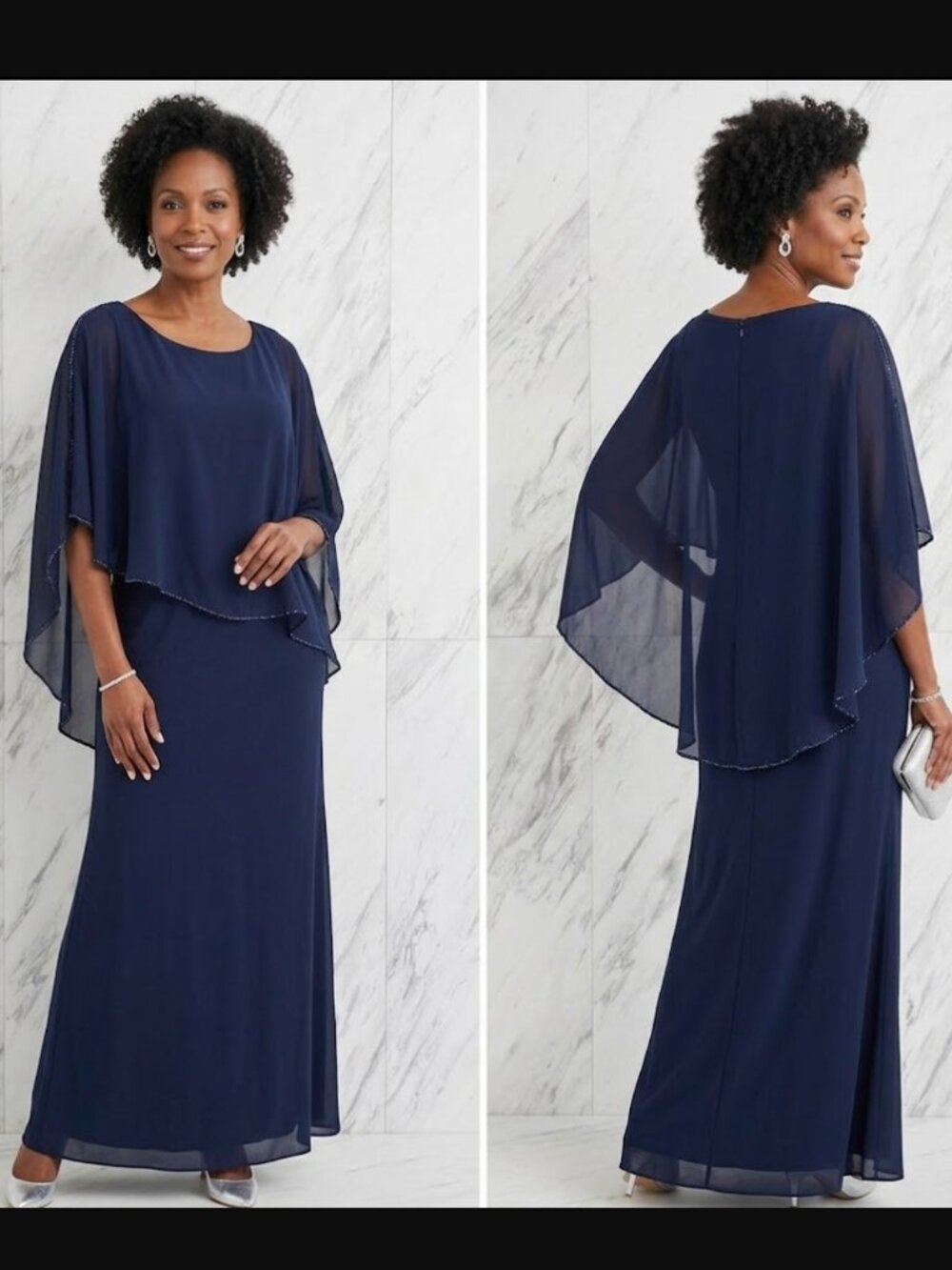 Patra Sheer Beaded Cape Navy Formal Dress SZ 12